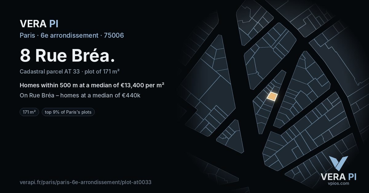 8 Rue Bréa, 6e arrondissement at night – the plot lit, the parcels around coloured by the prices near them