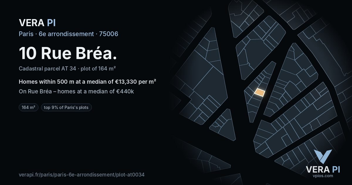 10 Rue Bréa, 6e arrondissement at night – the plot lit, the parcels around coloured by the prices near them
