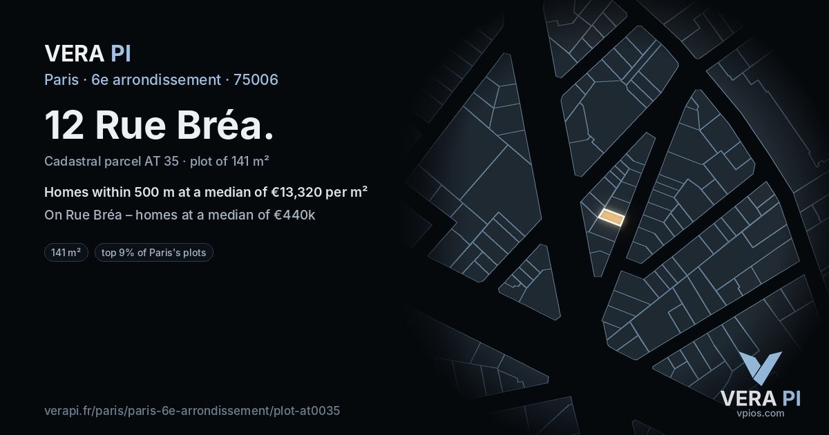12 Rue Bréa, 6e arrondissement at night – the plot lit, the parcels around coloured by the prices near them