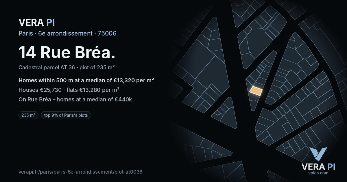 14 Rue Bréa, 6e arrondissement at night – the plot lit, the parcels around coloured by the prices near them