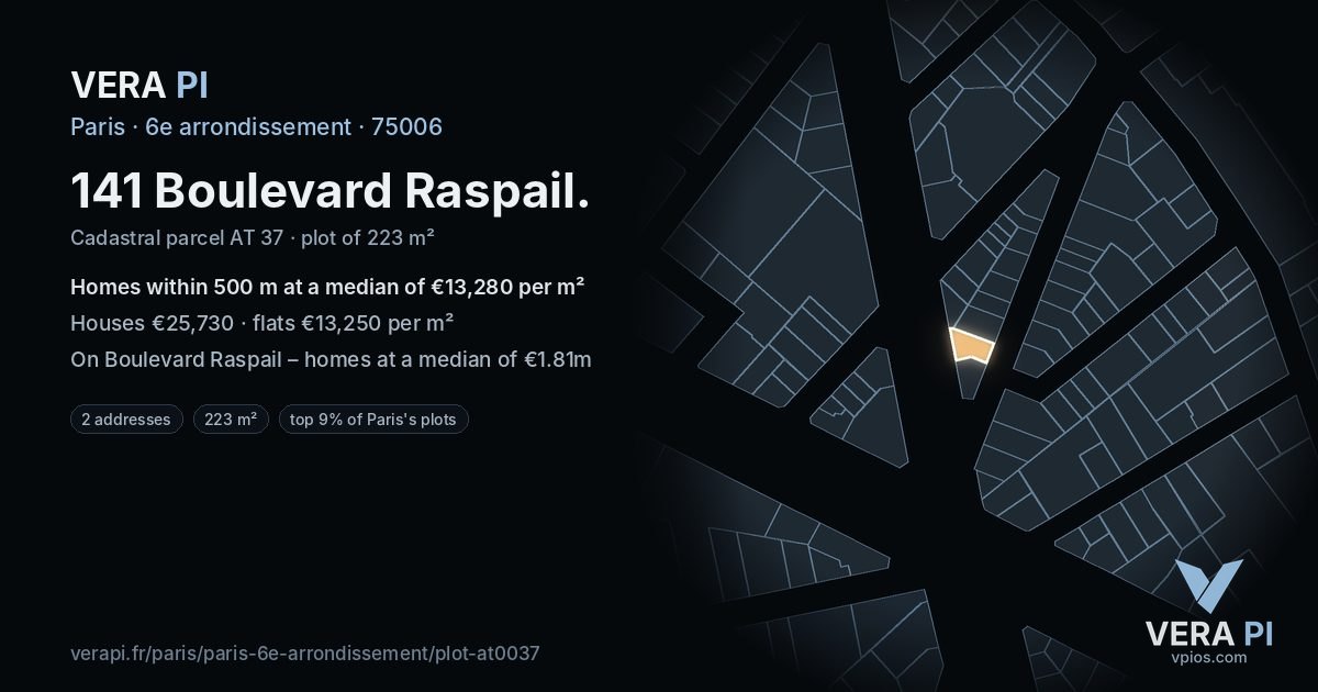 141 Boulevard Raspail, 6e arrondissement at night – the plot lit, the parcels around coloured by the prices near them