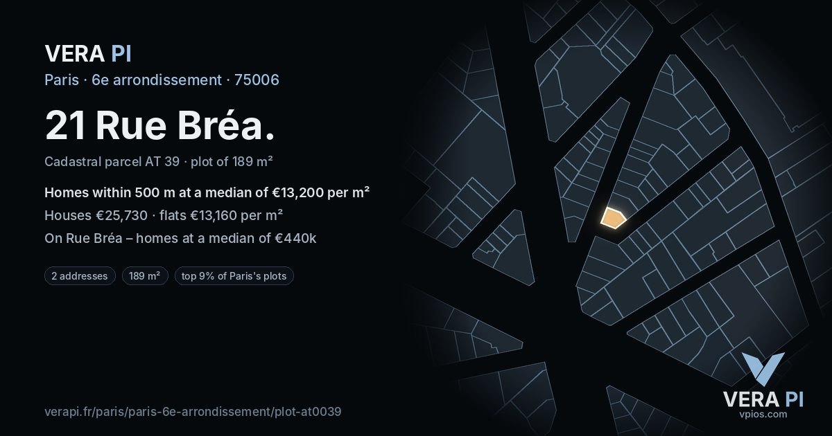 21 Rue Bréa, 6e arrondissement at night – the plot lit, the parcels around coloured by the prices near them