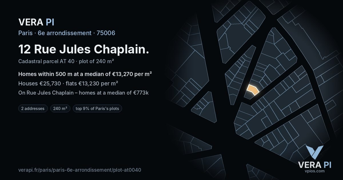 12 Rue Jules Chaplain, 6e arrondissement at night – the plot lit, the parcels around coloured by the prices near them