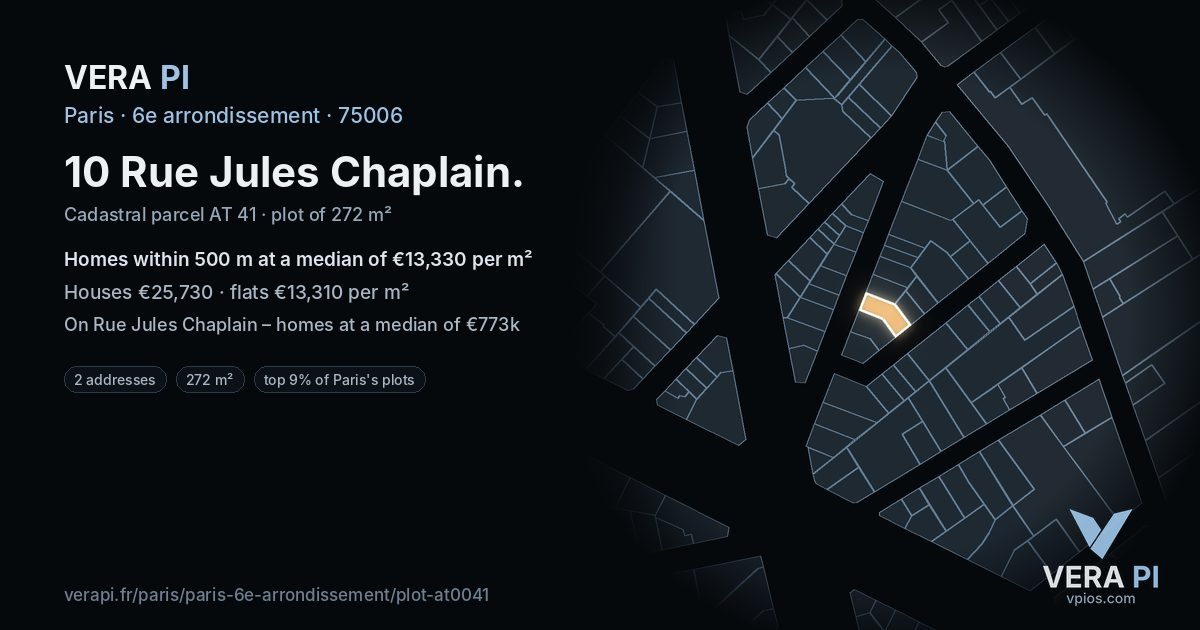 10 Rue Jules Chaplain, 6e arrondissement at night – the plot lit, the parcels around coloured by the prices near them