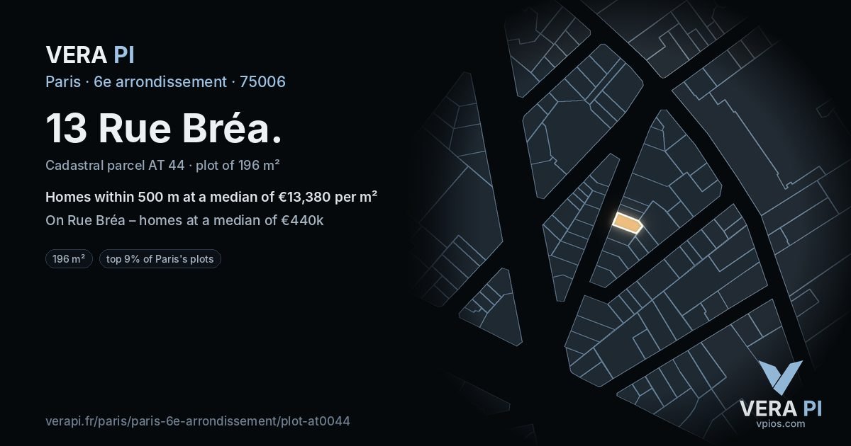 13 Rue Bréa, 6e arrondissement at night – the plot lit, the parcels around coloured by the prices near them