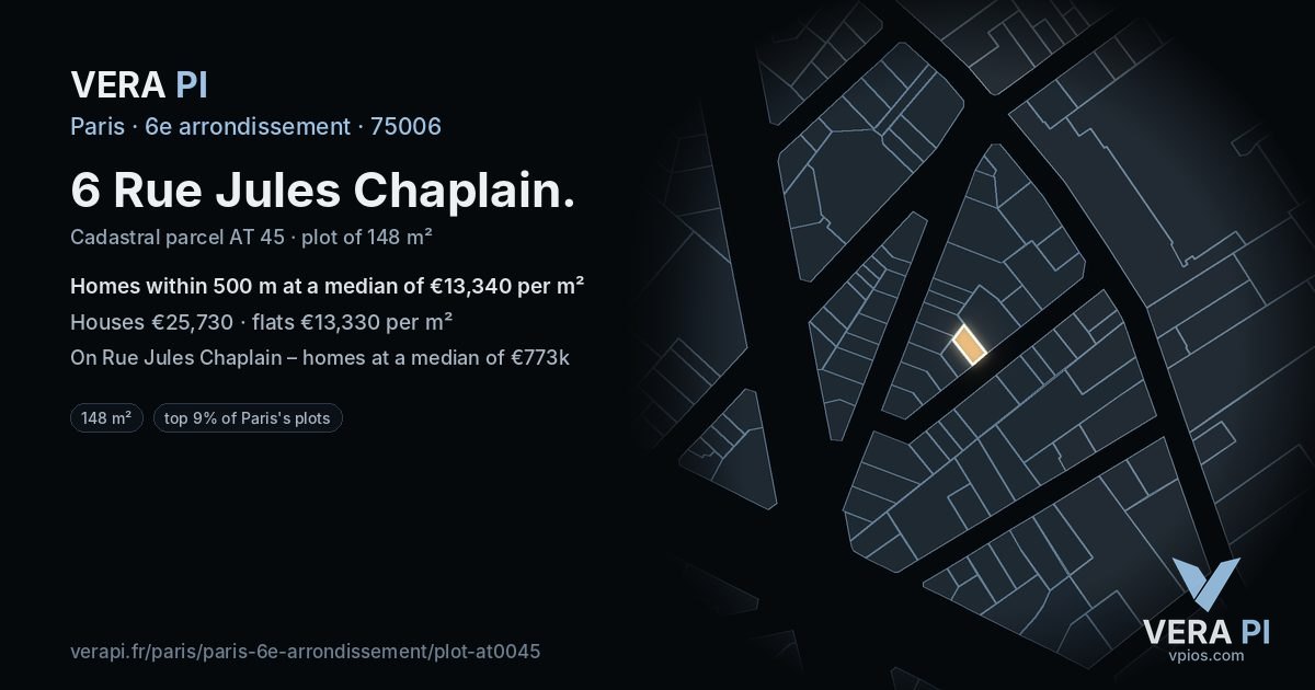 6 Rue Jules Chaplain, 6e arrondissement at night – the plot lit, the parcels around coloured by the prices near them
