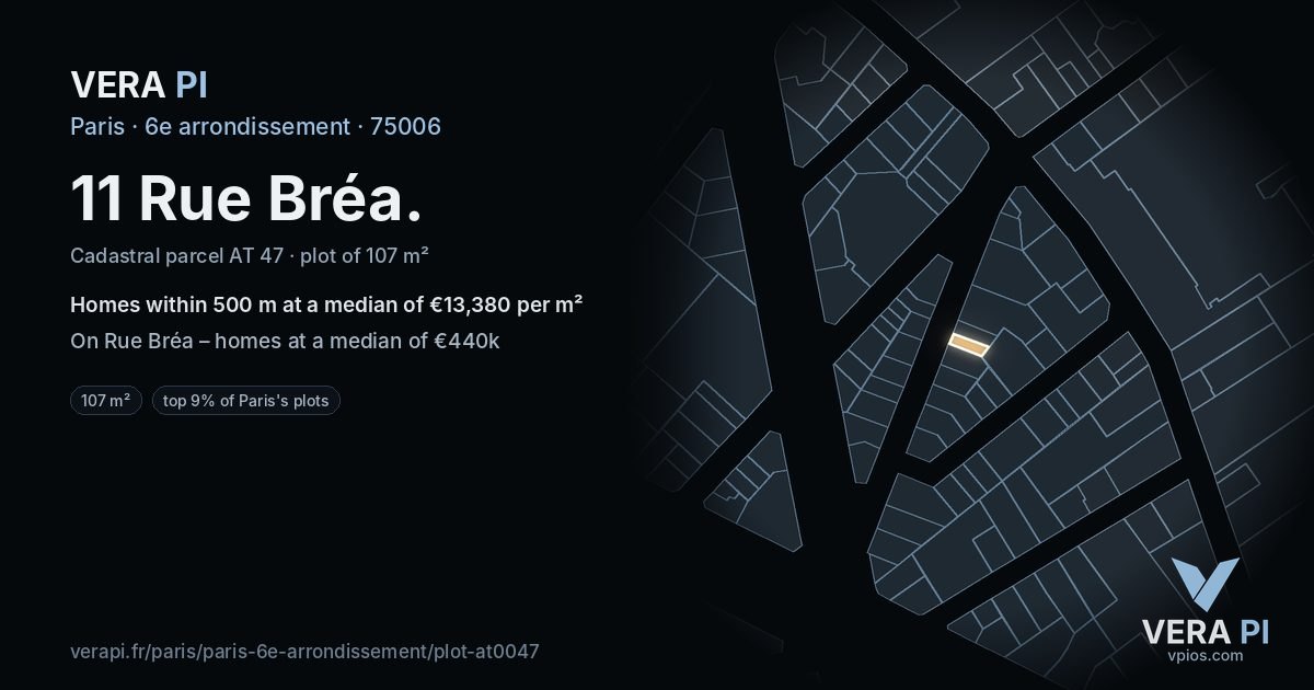 11 Rue Bréa, 6e arrondissement at night – the plot lit, the parcels around coloured by the prices near them