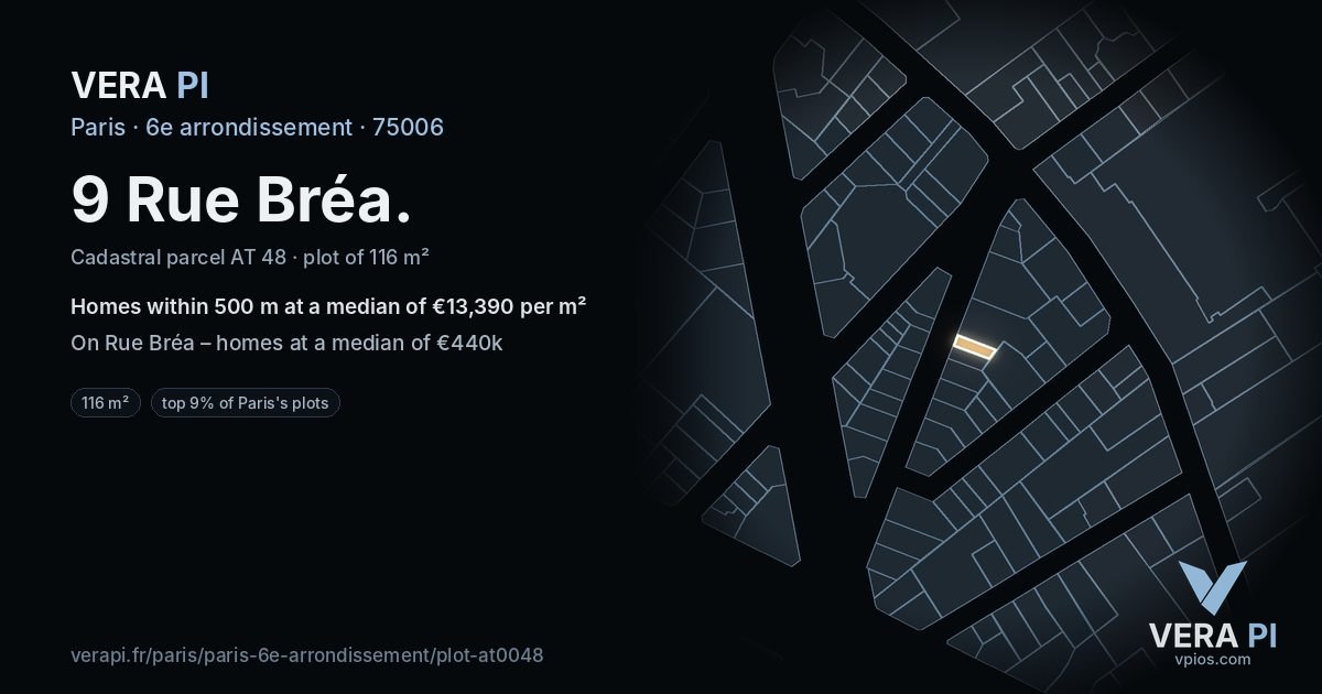 9 Rue Bréa, 6e arrondissement at night – the plot lit, the parcels around coloured by the prices near them