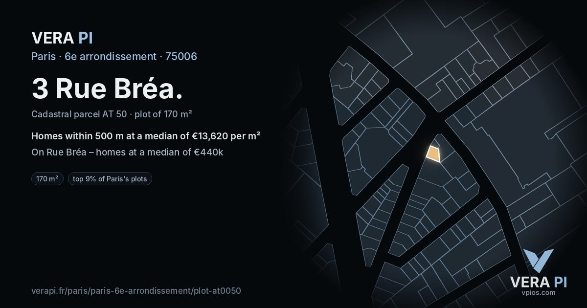 3 Rue Bréa, 6e arrondissement at night – the plot lit, the parcels around coloured by the prices near them
