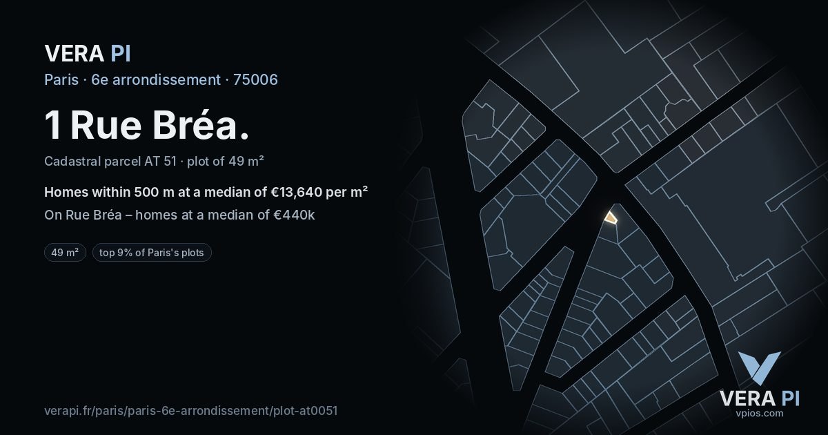 1 Rue Bréa, 6e arrondissement at night – the plot lit, the parcels around coloured by the prices near them