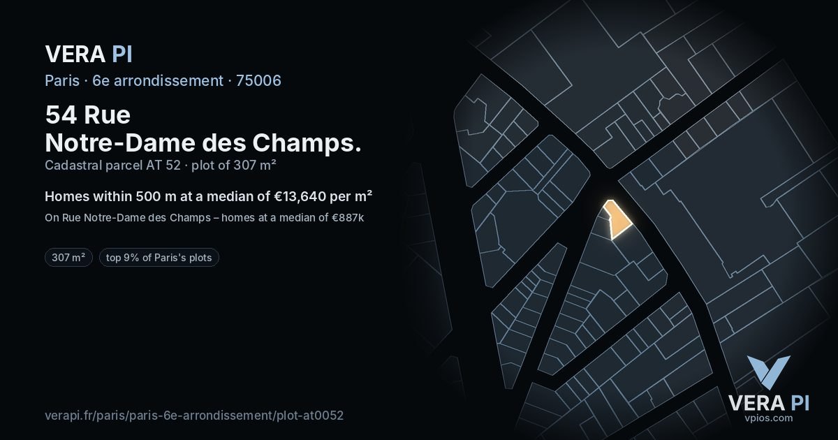 54 Rue Notre-Dame des Champs, 6e arrondissement at night – the plot lit, the parcels around coloured by the prices near them
