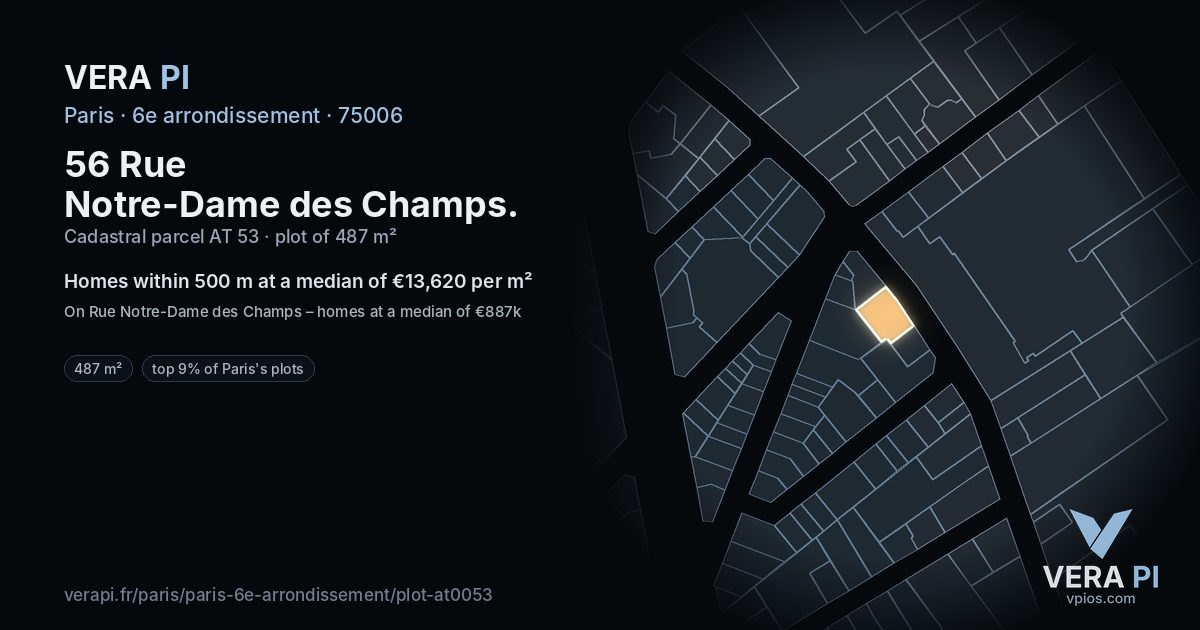 56 Rue Notre-Dame des Champs, 6e arrondissement at night – the plot lit, the parcels around coloured by the prices near them