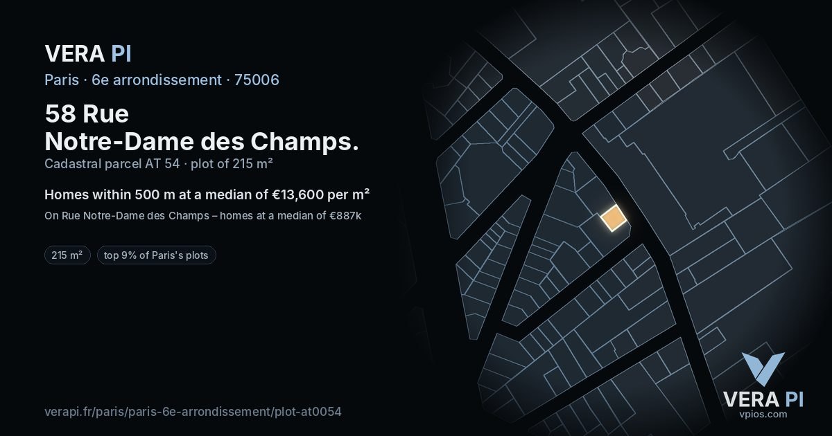 58 Rue Notre-Dame des Champs, 6e arrondissement at night – the plot lit, the parcels around coloured by the prices near them