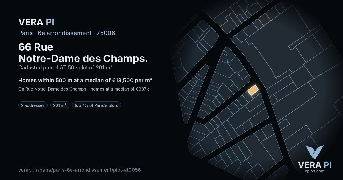 66 Rue Notre-Dame des Champs, 6e arrondissement at night – the plot lit, the parcels around coloured by the prices near them