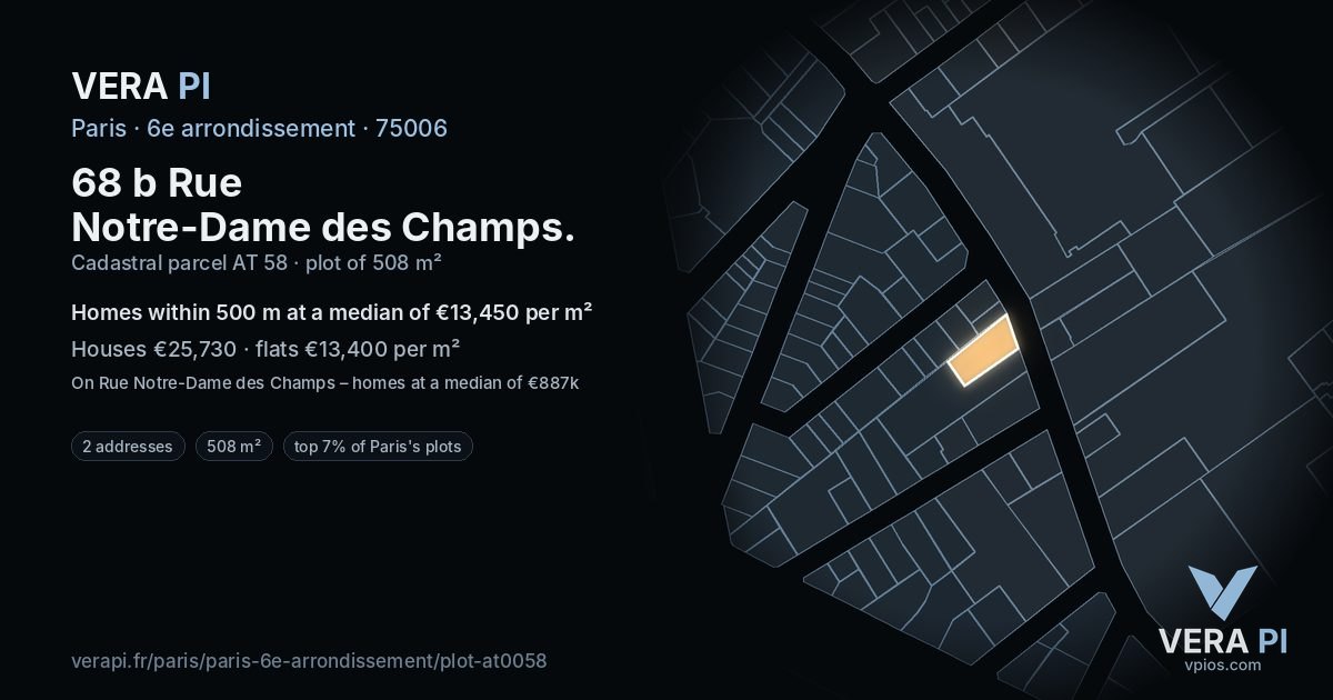 68 b Rue Notre-Dame des Champs, 6e arrondissement at night – the plot lit, the parcels around coloured by the prices near them