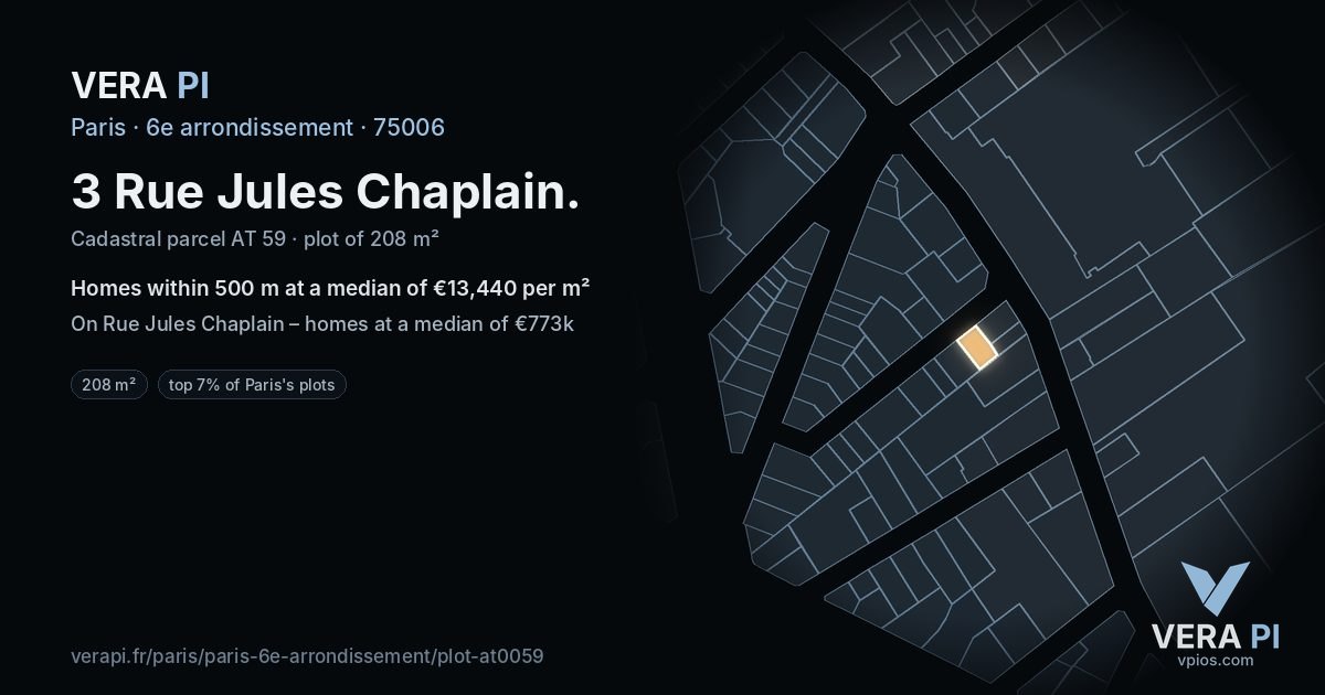 3 Rue Jules Chaplain, 6e arrondissement at night – the plot lit, the parcels around coloured by the prices near them