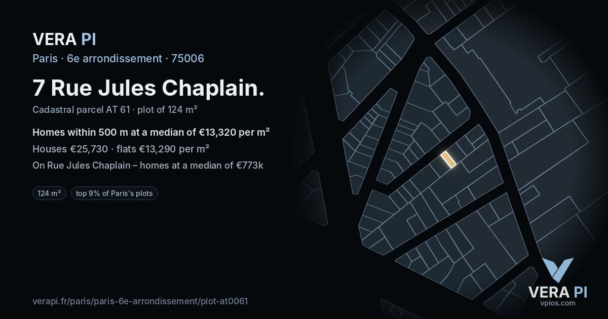 7 Rue Jules Chaplain, 6e arrondissement at night – the plot lit, the parcels around coloured by the prices near them