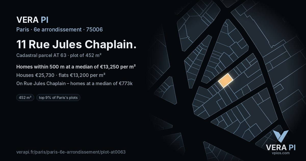 11 Rue Jules Chaplain, 6e arrondissement at night – the plot lit, the parcels around coloured by the prices near them