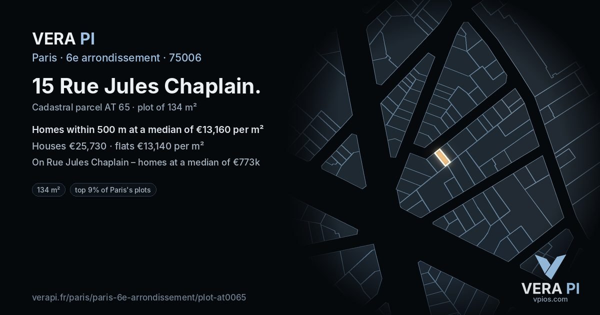 15 Rue Jules Chaplain, 6e arrondissement at night – the plot lit, the parcels around coloured by the prices near them