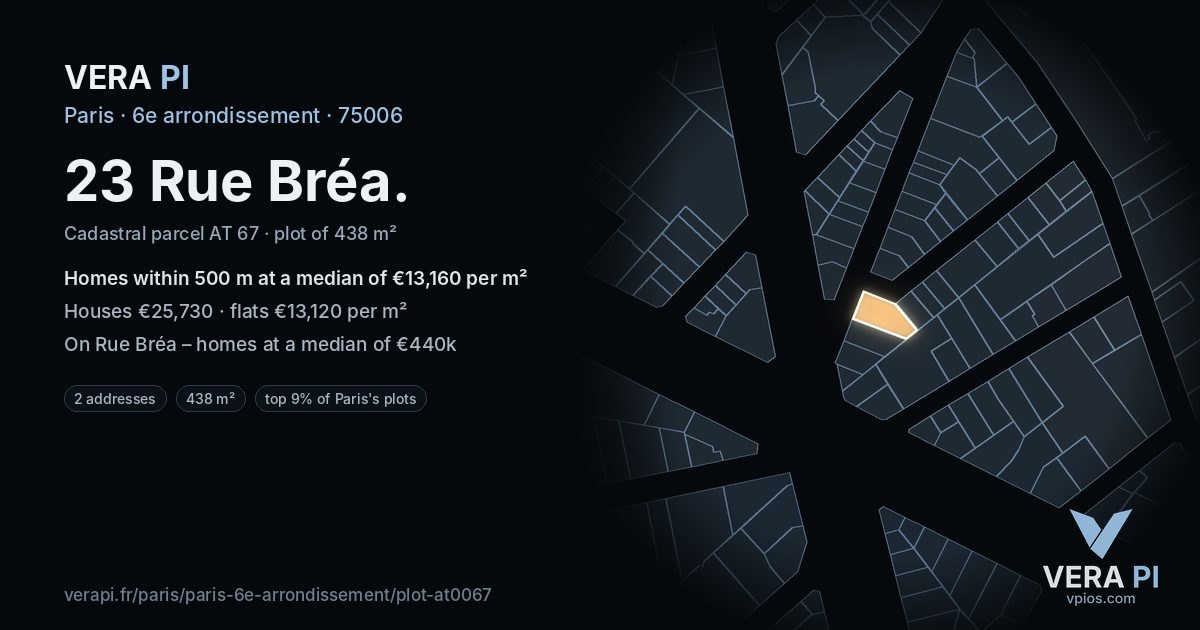 23 Rue Bréa, 6e arrondissement at night – the plot lit, the parcels around coloured by the prices near them