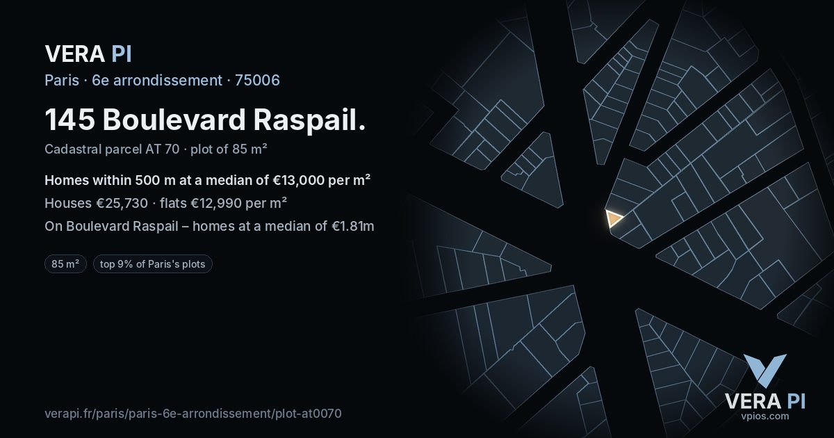 145 Boulevard Raspail, 6e arrondissement at night – the plot lit, the parcels around coloured by the prices near them