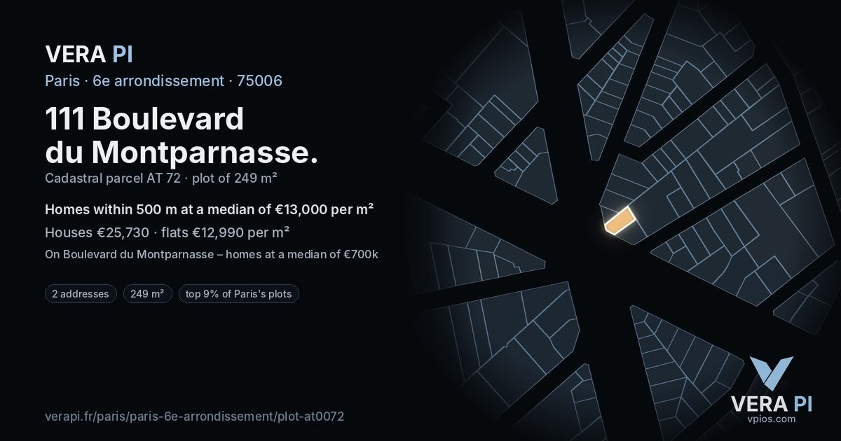 111 Boulevard du Montparnasse, 6e arrondissement at night – the plot lit, the parcels around coloured by the prices near them