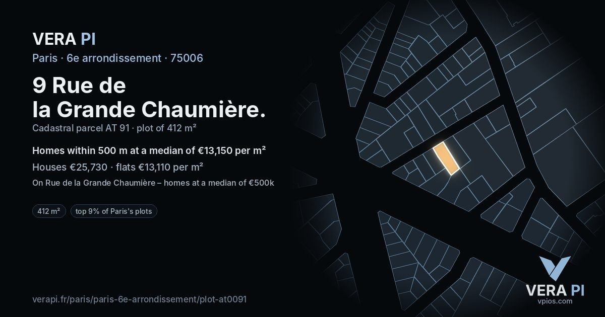 9 Rue de la Grande Chaumière, 6e arrondissement at night – the plot lit, the parcels around coloured by the prices near them