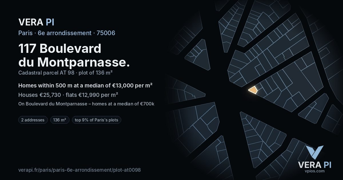 117 Boulevard du Montparnasse, 6e arrondissement at night – the plot lit, the parcels around coloured by the prices near them