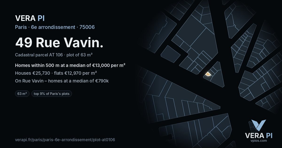 49 Rue Vavin, 6e arrondissement at night – the plot lit, the parcels around coloured by the prices near them