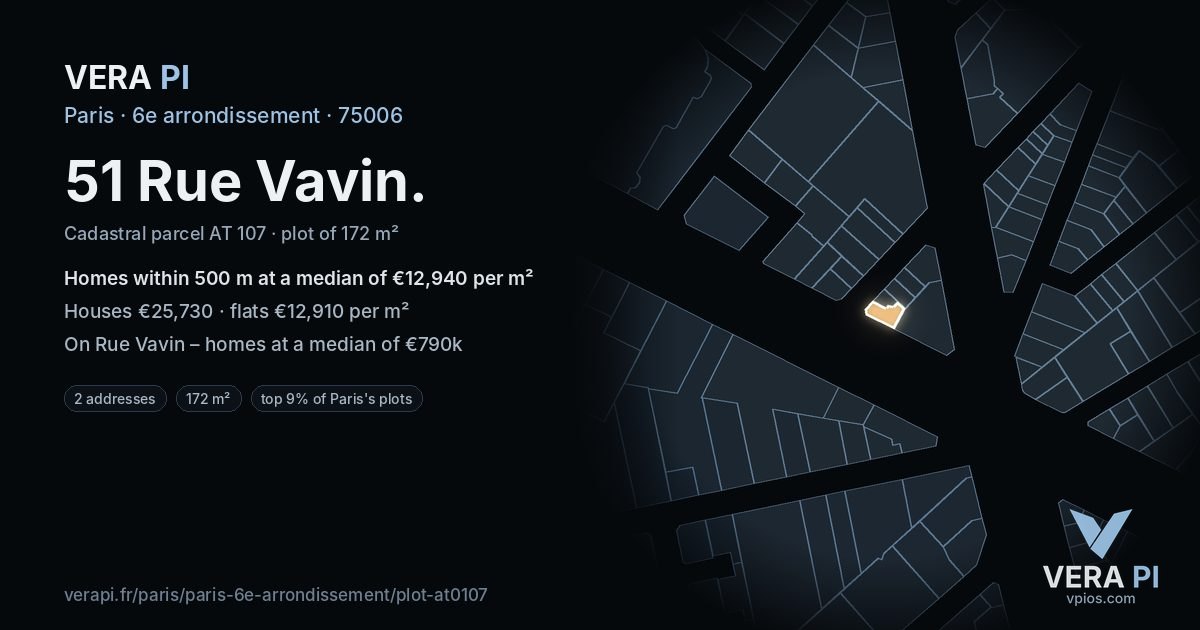 51 Rue Vavin, 6e arrondissement at night – the plot lit, the parcels around coloured by the prices near them