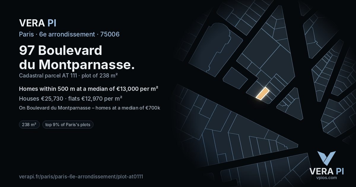 97 Boulevard du Montparnasse, 6e arrondissement at night – the plot lit, the parcels around coloured by the prices near them
