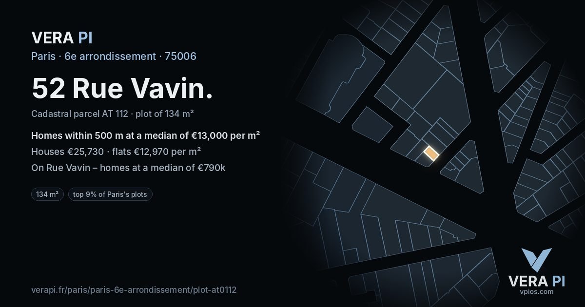 52 Rue Vavin, 6e arrondissement at night – the plot lit, the parcels around coloured by the prices near them