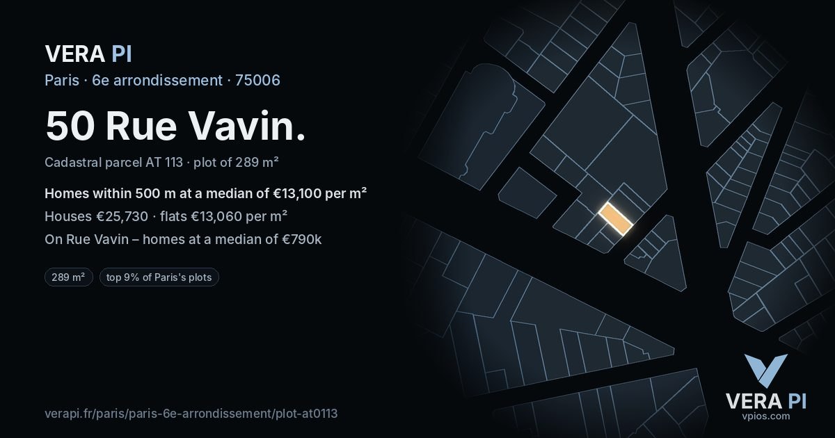 50 Rue Vavin, 6e arrondissement at night – the plot lit, the parcels around coloured by the prices near them