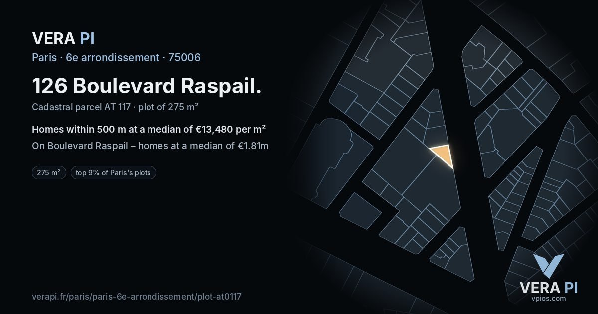 126 Boulevard Raspail, 6e arrondissement at night – the plot lit, the parcels around coloured by the prices near them