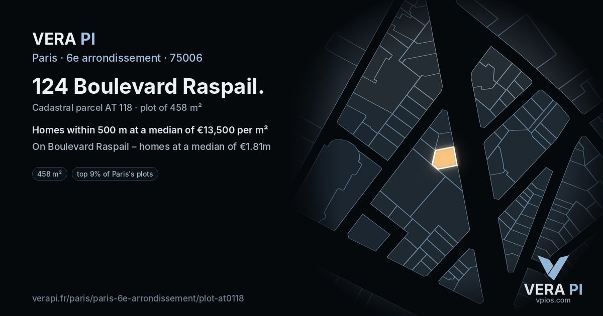 124 Boulevard Raspail, 6e arrondissement at night – the plot lit, the parcels around coloured by the prices near them