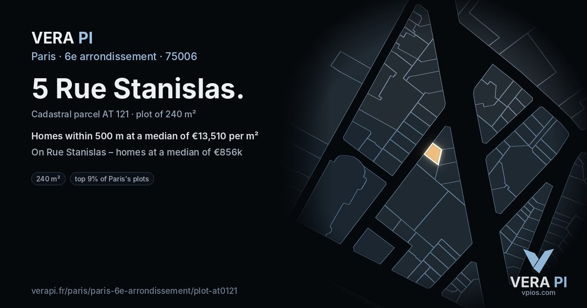5 Rue Stanislas, 6e arrondissement at night – the plot lit, the parcels around coloured by the prices near them