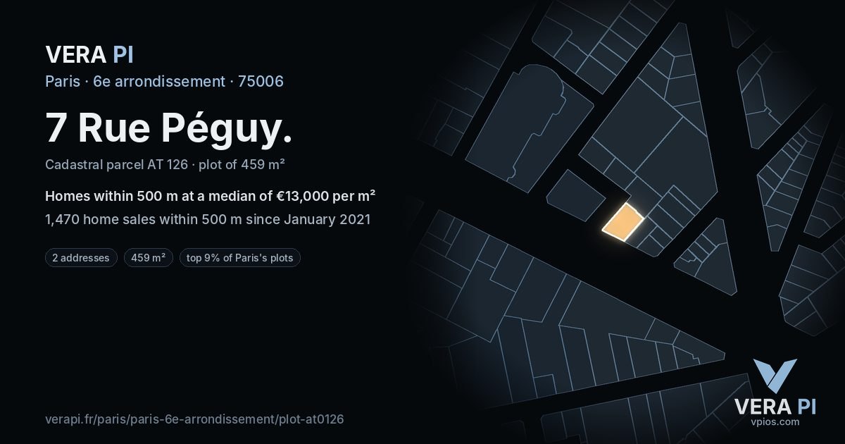 7 Rue Péguy, 6e arrondissement at night – the plot lit, the parcels around coloured by the prices near them