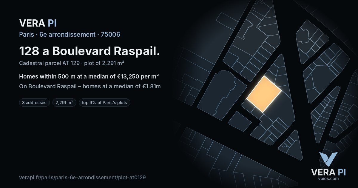 128 a Boulevard Raspail, 6e arrondissement at night – the plot lit, the parcels around coloured by the prices near them
