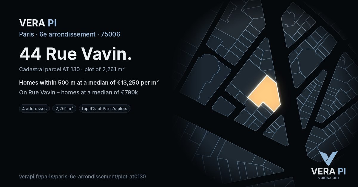 44 Rue Vavin, 6e arrondissement at night – the plot lit, the parcels around coloured by the prices near them