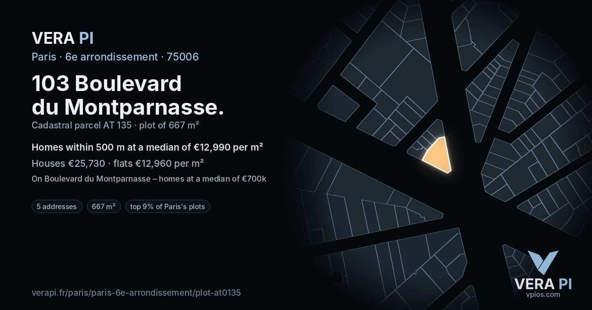103 Boulevard du Montparnasse, 6e arrondissement at night – the plot lit, the parcels around coloured by the prices near them