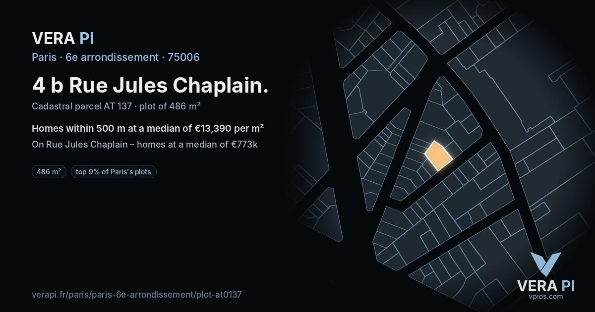 4 b Rue Jules Chaplain, 6e arrondissement at night – the plot lit, the parcels around coloured by the prices near them
