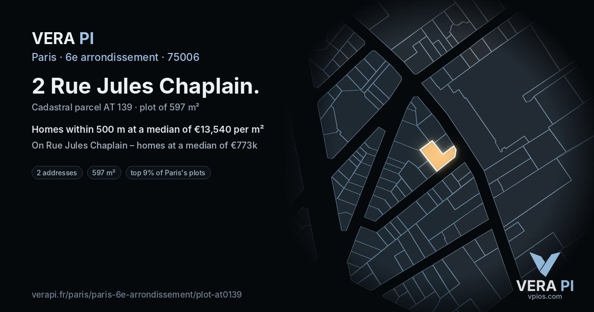 2 Rue Jules Chaplain, 6e arrondissement at night – the plot lit, the parcels around coloured by the prices near them