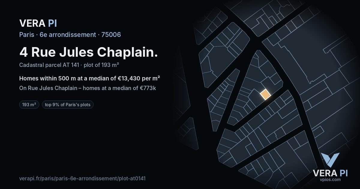 4 Rue Jules Chaplain, 6e arrondissement at night – the plot lit, the parcels around coloured by the prices near them