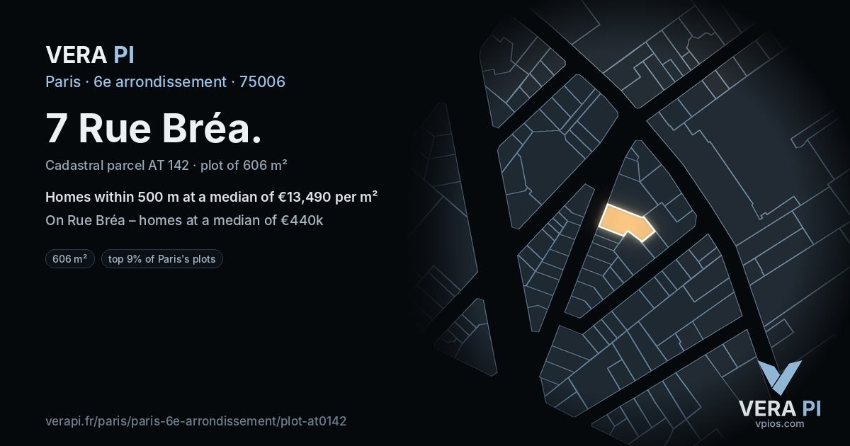 7 Rue Bréa, 6e arrondissement at night – the plot lit, the parcels around coloured by the prices near them