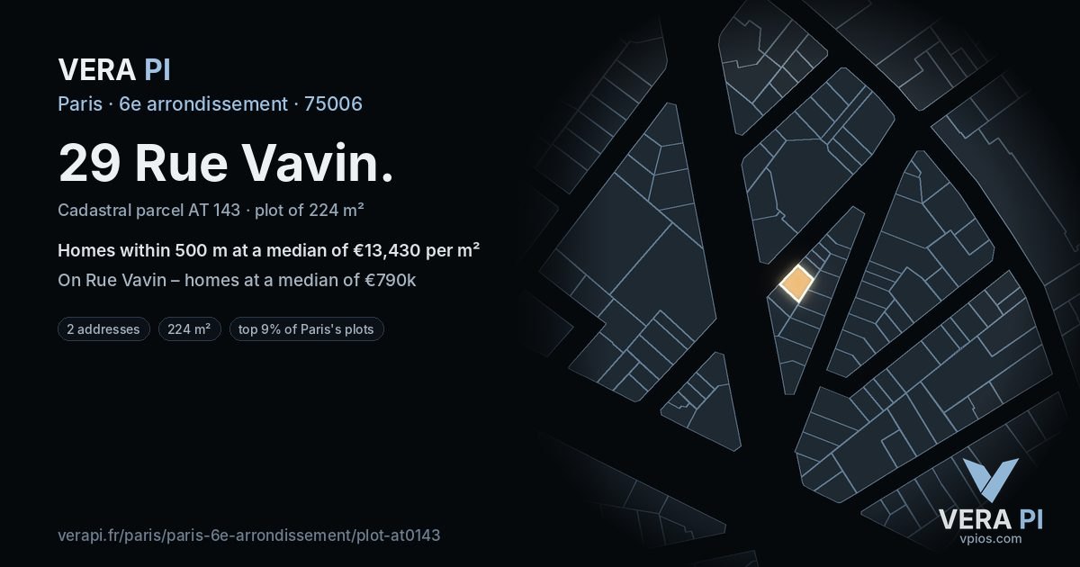 29 Rue Vavin, 6e arrondissement at night – the plot lit, the parcels around coloured by the prices near them