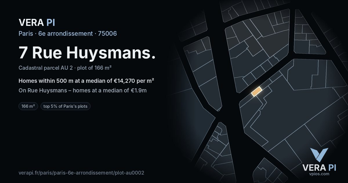 7 Rue Huysmans, 6e arrondissement at night – the plot lit, the parcels around coloured by the prices near them