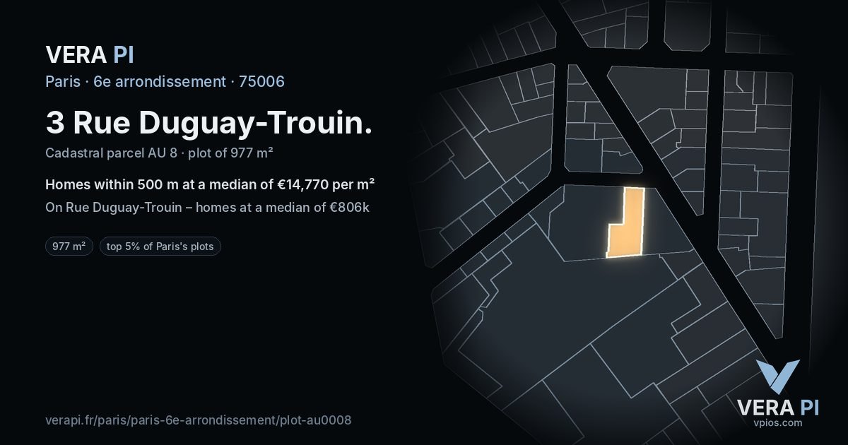 3 Rue Duguay-Trouin, 6e arrondissement at night – the plot lit, the parcels around coloured by the prices near them