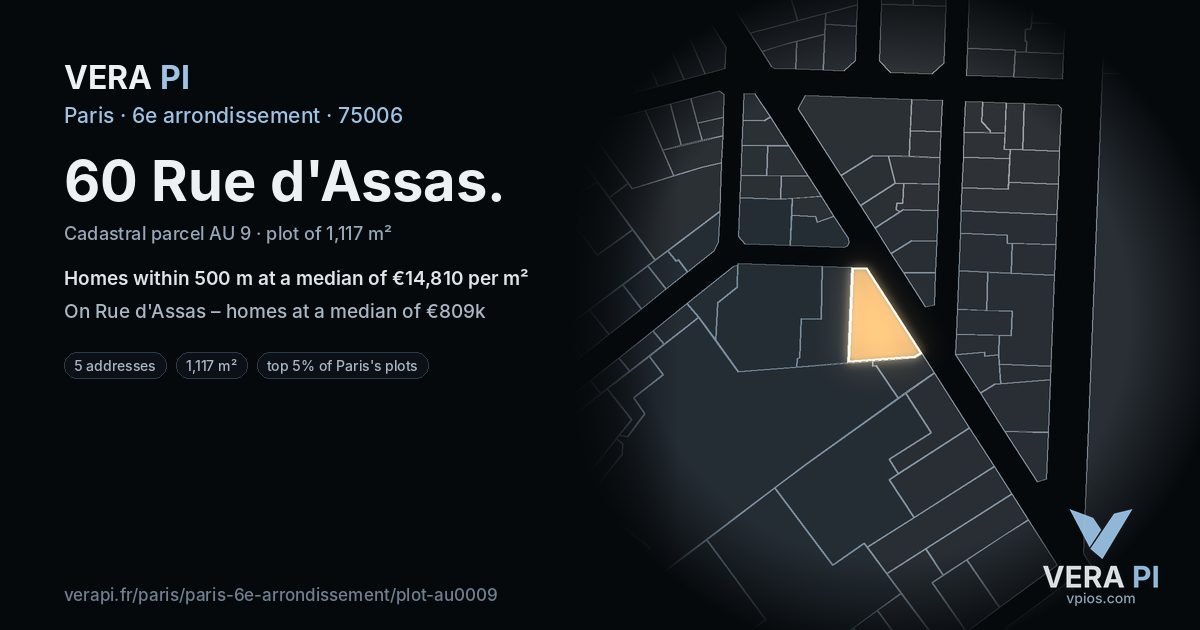 60 Rue d'Assas, 6e arrondissement at night – the plot lit, the parcels around coloured by the prices near them