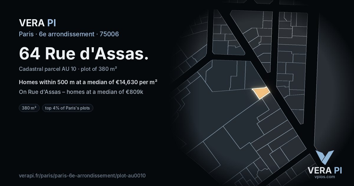 64 Rue d'Assas, 6e arrondissement at night – the plot lit, the parcels around coloured by the prices near them