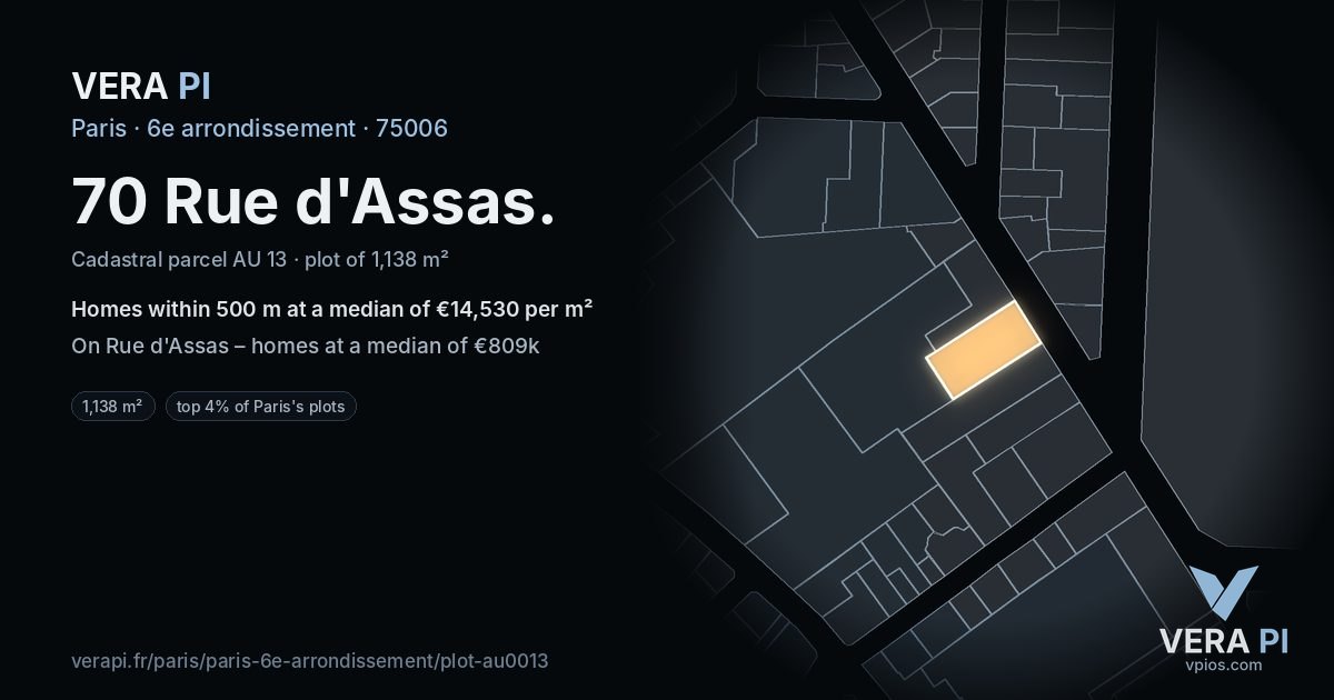 70 Rue d'Assas, 6e arrondissement at night – the plot lit, the parcels around coloured by the prices near them